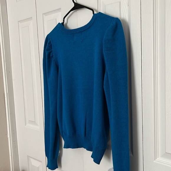 Pink Rose Puff Sleeve & Ribbed Hem Crew Neck Sweater Blue Sz M/L - Picture 8 of 13